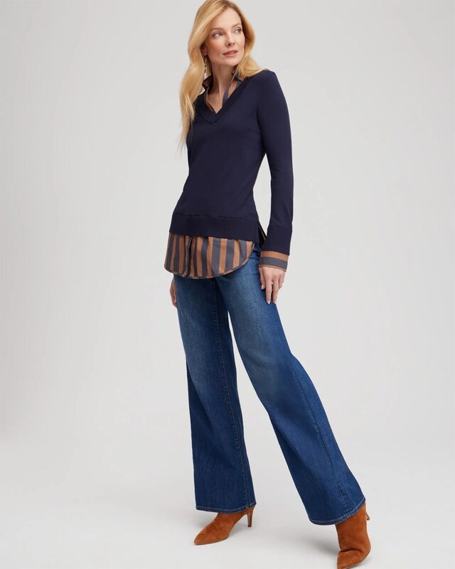 Stripe Built-in Shirt Sweater - image 2